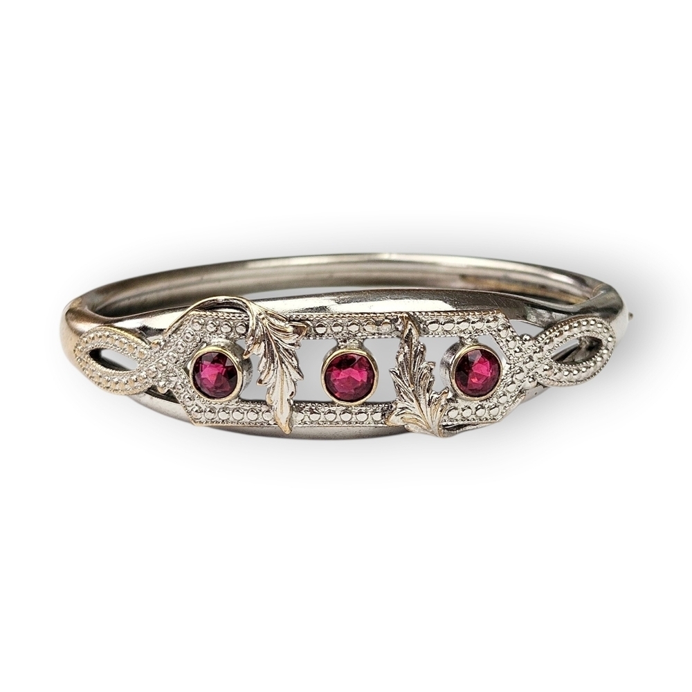 Victorian Revival Floral Cuff Bracelet Ruby Red Glass Silver Tone Vintage 7.25"